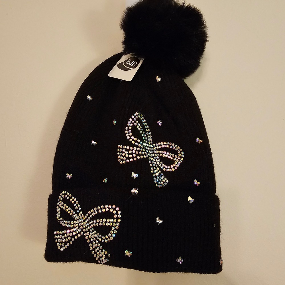 BJB Black Knit Beanie Hat Rhinestone Bows Butterfly Faux Fur Pom Pom New w Tag
